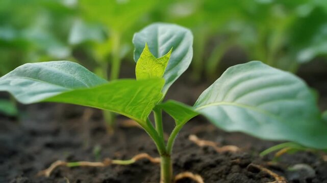 Plant with roots in ground. Fresh green leaf. Nature and growing concept. Close-up.        