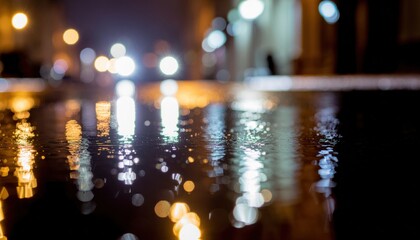 Reflections of city lights on wet pavement create a magical urban scene