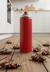 Red insecticide spray can with dead cockroaches on kitchen floor – Pest control concept