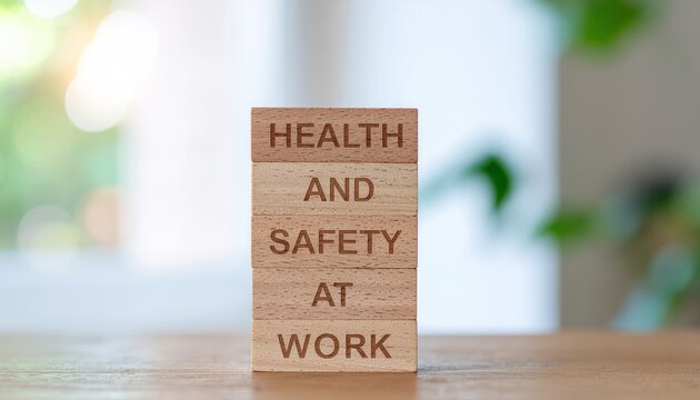 Wooden blocks spelling out 'Health and Safety at Work' symbolizing workplace well-being and