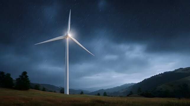 A lone wind turbine generates renewable energy in a rolling rural landscape at night during a rainstorm - Powered by Adobe