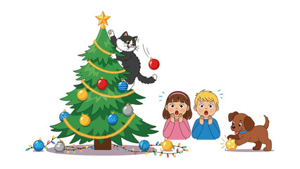 Christmas Chaos: A delightful cartoon scene unfolds as a playful cat climbs the Christmas tree, sending ornaments tumbling, while two children and a puppy react with surprise and glee.