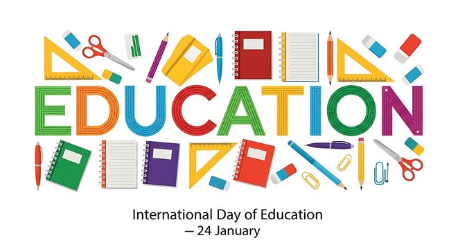 International day of education illustration of colorful letters spelling education with school supplies