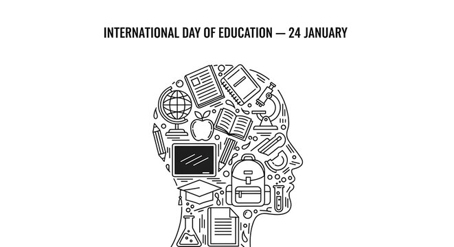 International day of education illustration of human head silhouette filled with educational icons