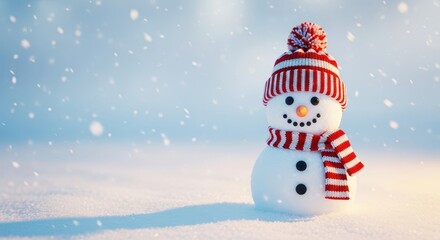 Fototapeta premium Charming snowman wearing a festive hat and scarf stands in fresh white snow during the winter holidays, celebrating Christmas, figurine, cheerful, season