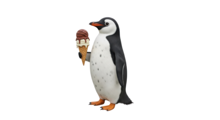 Penguin enjoying a chocolate ice cream cone isolated PNG with Transparent Background