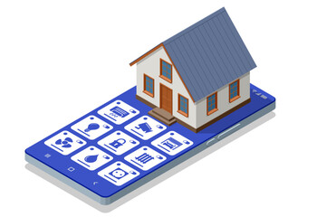 Smart Home Control Panel. Isometric illustration of a smart home controlled via smartphone with digital dashboard for lighting, climate, and security. Concept of home automation and IoT.