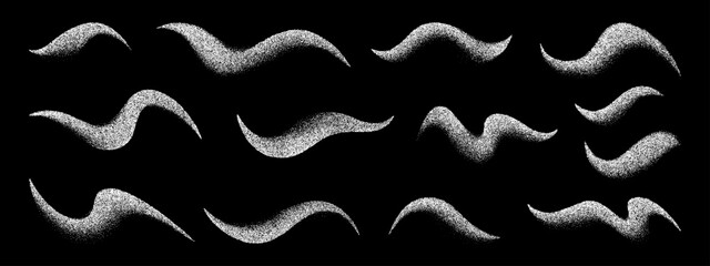 Set of abstract textured wave shapes with noise effect. Stipple vector element for design. Artistic brush stroke.