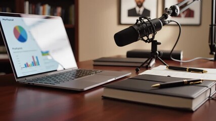 Professional desk setup with a microphone and laptop for a business podcast. Home office with financial data on screen. Remote work and content creation concept - Powered by Adobe