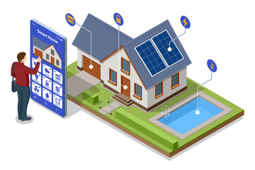 Isometric illustration of a smart home with solar panels, modern living room, and man controlling systems via smartphone. Concept of energy efficiency, automation, and sustainable technology.