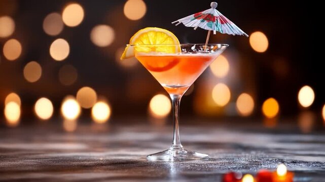 Festive cocktail drink in martini glass with orange slice and umbrella against blurred bokeh lights