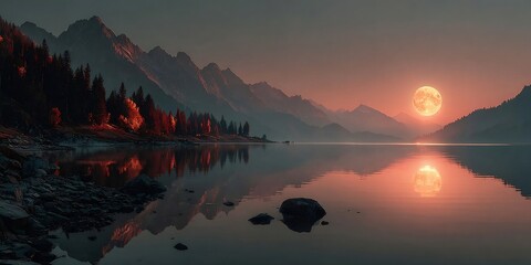 Full moon rising over serene mountain lake at dusk
