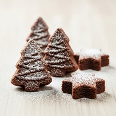 Festive fudgy chocolate brownies shaped like holiday trees and stars, dusted with powdered sugar, displayed on a wooden surface ready for Christmas feasting, brownie, cutouts, wooden