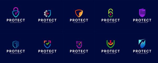 collection of digital security logos, protection, smart technology systems, graphic illustration design.