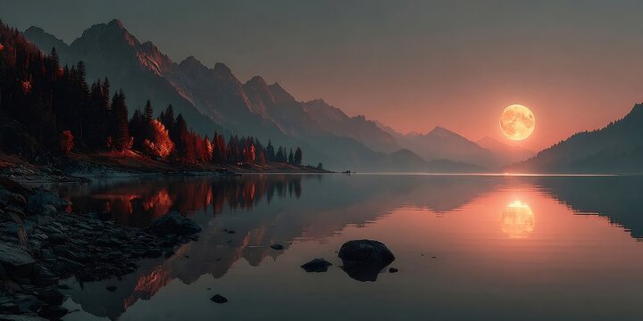Full moon rising over serene mountain lake at dusk - Powered by Adobe