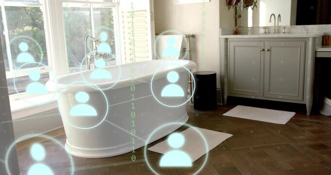 Faint glowing circle appearing over white tub forming avatar icons linking network showing users