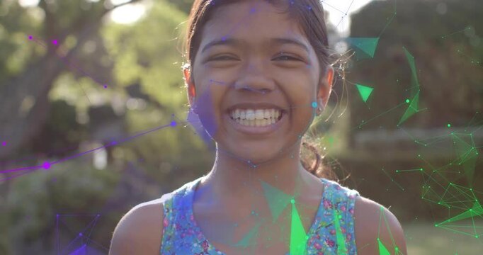 Girl standing garden smiling laughing while color overlays drifting causing face revealing for ads