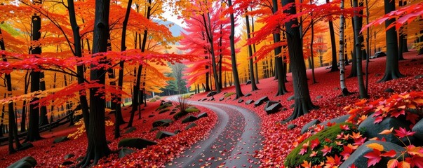 A winding path through a vibrant autumn forest, ablaze with fiery reds, oranges, and yellows, scenic autumn, tranquil woods, fall colors