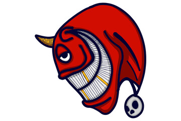 Red Cyclops Smiling widely with gold teeth wearing a skull necklace