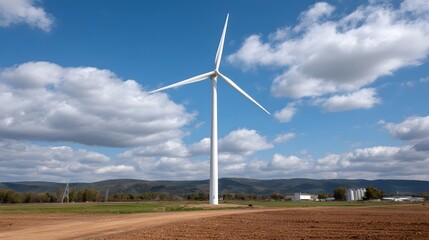 Fototapeta premium A solitary wind turbine generates clean energy in a rural landscape under a dynamic sky with scattered clouds