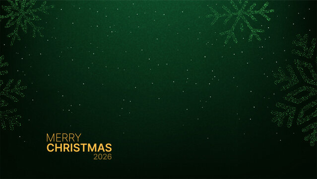 Merry Christmas 2026 message on a glittery green background with sparkling snowflakes and falling snow. Holiday season greeting card or festive banner design. - Powered by Adobe