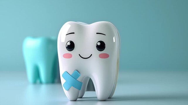 Una muela llega entre triste y asustada porque tiene una carie, luego aparece con un parche, arreglada, y al final feliz con una estrella dorada, fondo azul