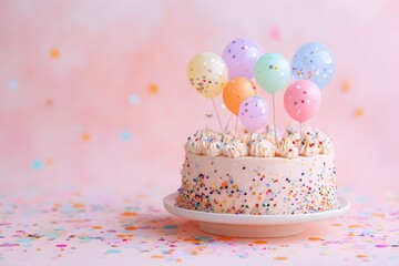  Birthday cake with colorful balloons and confetti poppers on pastel background, soft diffused light, editorial flat lay composition, cheerful festive mood. High quality photo