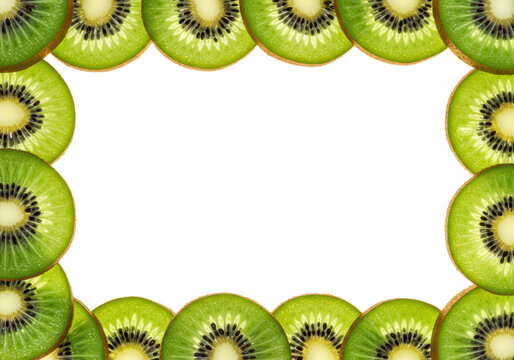 Multiple fresh kiwi fruit slices with vibrant green flesh and black seeds, framed vertically on a transparent background with central copy space, bright diffuse studio light illuminating textures,