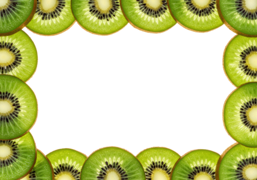Multiple fresh kiwi fruit slices with vibrant green flesh and black seeds, framed vertically on a transparent background with central copy space, bright diffuse studio light illuminating textures,