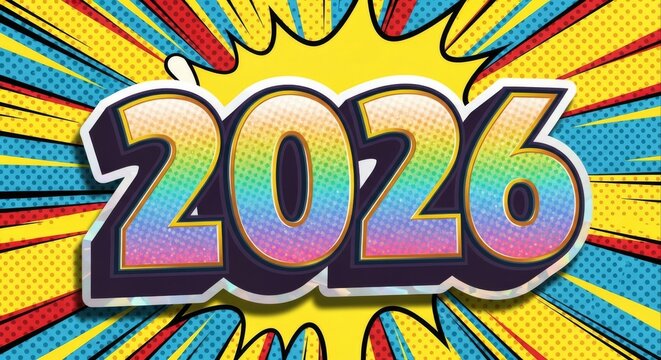 A vibrant and colorful illustration of the year 2026 in a comic book style.