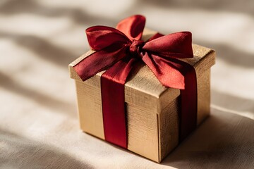 Close-up of elegant gift box with red ribbon and gold foil card on light beige background, minimal composition. High quality photo
