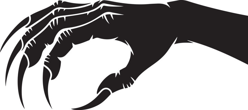 Creepy clawed monster hand silhouette with long sharp nails. Vector Black silhouettes. with white background