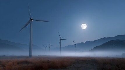 Majestic wind turbines stand silhouetted in a misty mountainous landscape illuminated by a bright full moon at night showcasing renewable energy