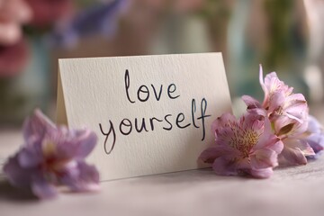 Macro shot of handwritten "love yourself" on card, soft-focus flowers in background, gentle pastel background, natural soft light