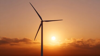 Obraz premium A solitary wind turbine stands silhouetted against a vibrant sunset sky its blades caught in the warm glow of golden hour