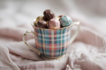 Macro shot of plaid texture with vintage teacup and small chocolates, natural soft light, pastel tones, minimal romantic . High quality photo