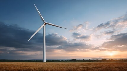 Obraz premium A single wind turbine stands in a golden field under a dramatic sunset sky with clouds