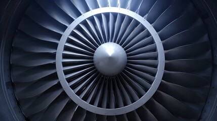 Detailed close up of a powerful jet engine turbine with metallic aerodynamic blades