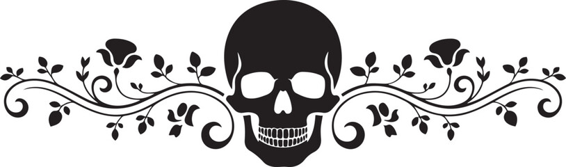 Vintage border with skull and floral curls — elegant gothic header ornament for halloween. Vector Black silhouettes. with white background