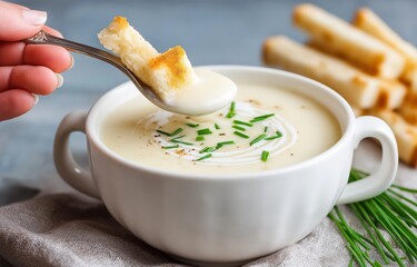 Enjoying a delicious bowl of creamy vichyssoise with croutons and fresh chives in a cozy setting