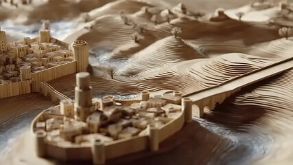 Miniature city model with buildings and surrounding terrain