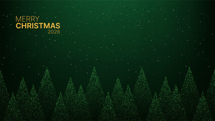 Abstract green christmas tree forest with snow and Merry Christmas 2026 text. Winter holiday greeting card or banner template. © hiten666