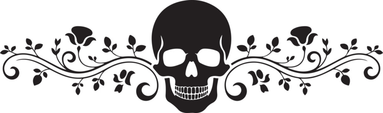 Vintage border with skull and floral curls &mdash; elegant gothic header ornament for halloween. Vector Black silhouettes. with white background