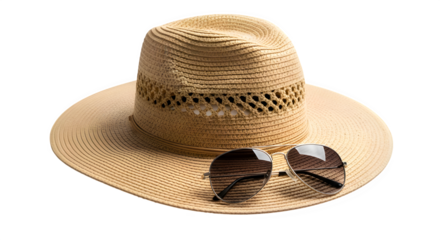 A straw sun hat and sunglasses, perfect for a sunny day at the beach or a stylish summer outing, offering shade and protection from the suns rays