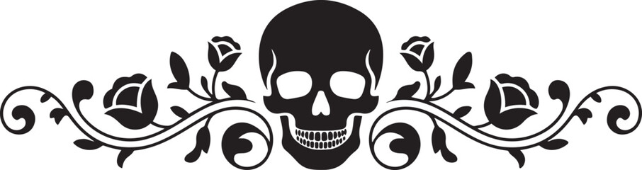 Vintage border with skull and floral curls — elegant gothic header ornament for halloween. Vector Black silhouettes. with white background