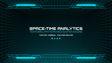 Space-time analytics digital interface displayed on a blue grid hud. Futuristic temporal pattern recognition engine for data analysis.