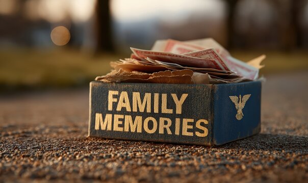 An open cardboard box labeled Family Memories rests on the ground filled with various nostalgic items