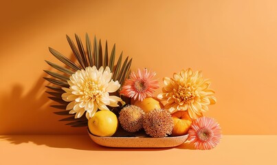 A colorful arrangement of flowers and fruits on an orange background provides a cheerful atmosphere