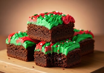 Delicious homemade fudge brownies decorated with festive green and red frosting and placed on a wooden board ready for a holiday dessert party, celebration, kitchen, sugar