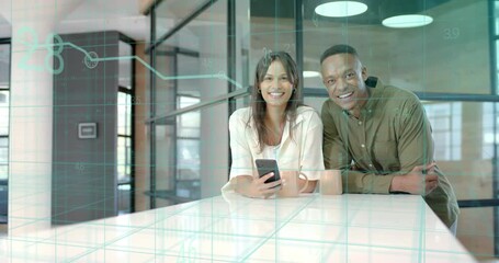 Woman showing phone while man leaning at counter, causing teal data overlays for business tech - Powered by Adobe